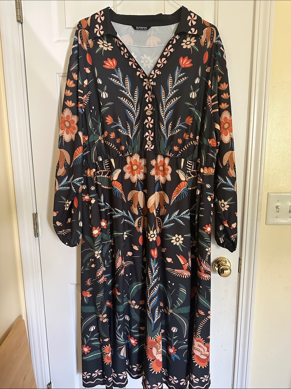 Black Floral Midi Dress with Long Sleeves